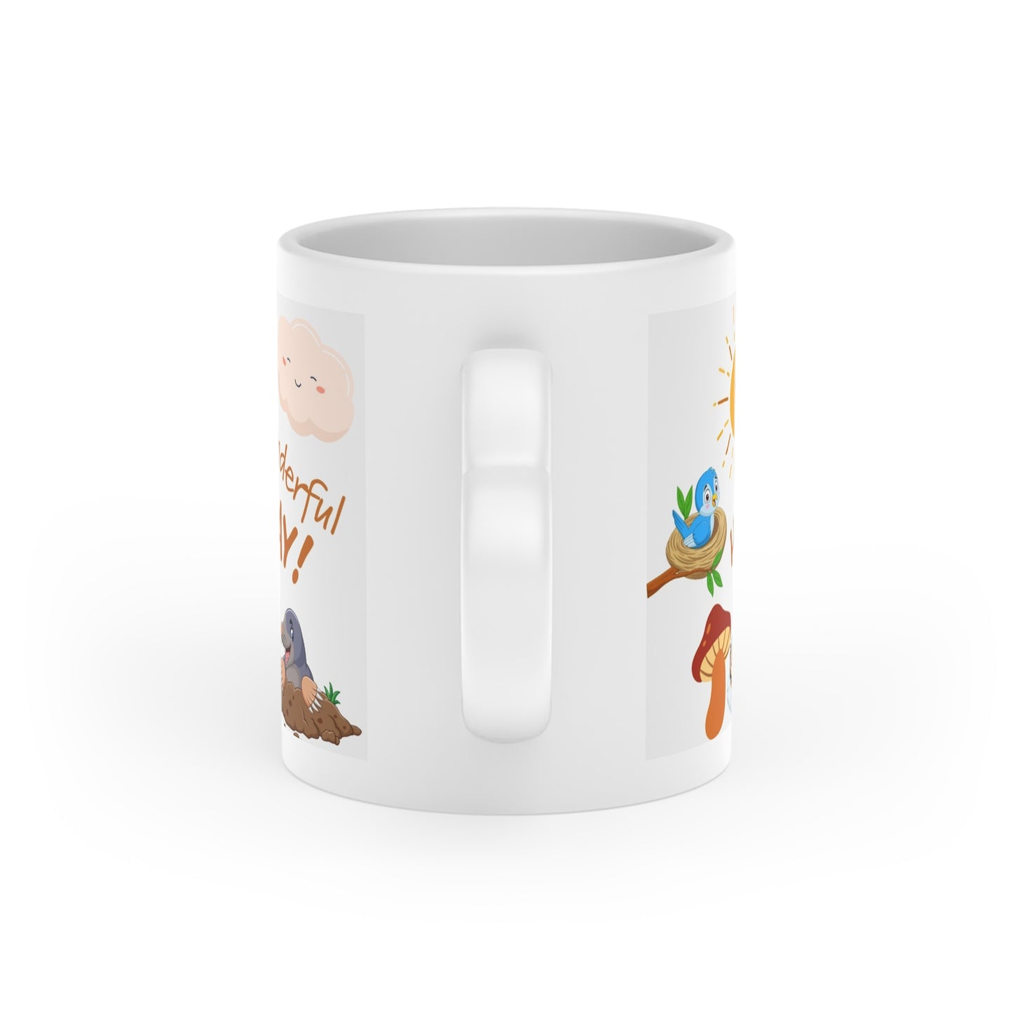 Heart-shaped mug for children, tree, birds and gopher design