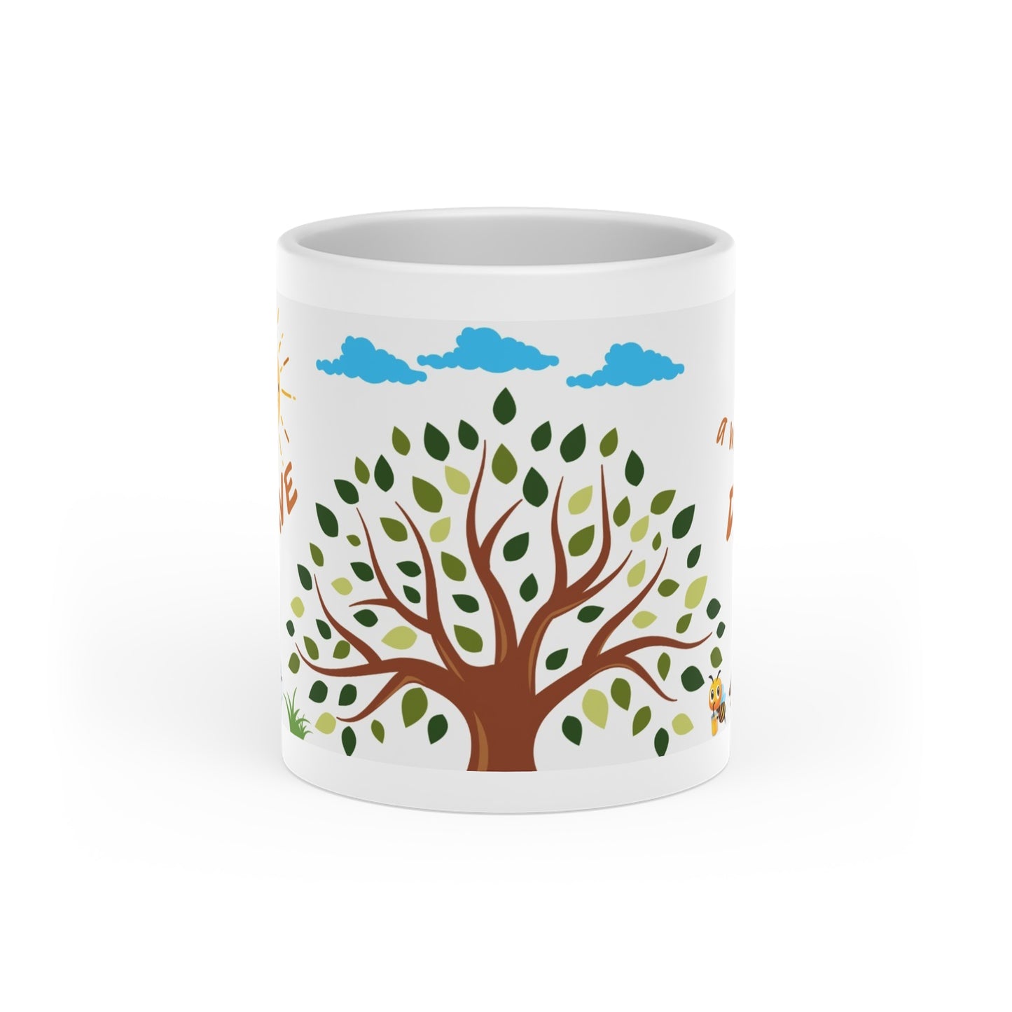 Heart-shaped mug for children, tree, birds and gopher design