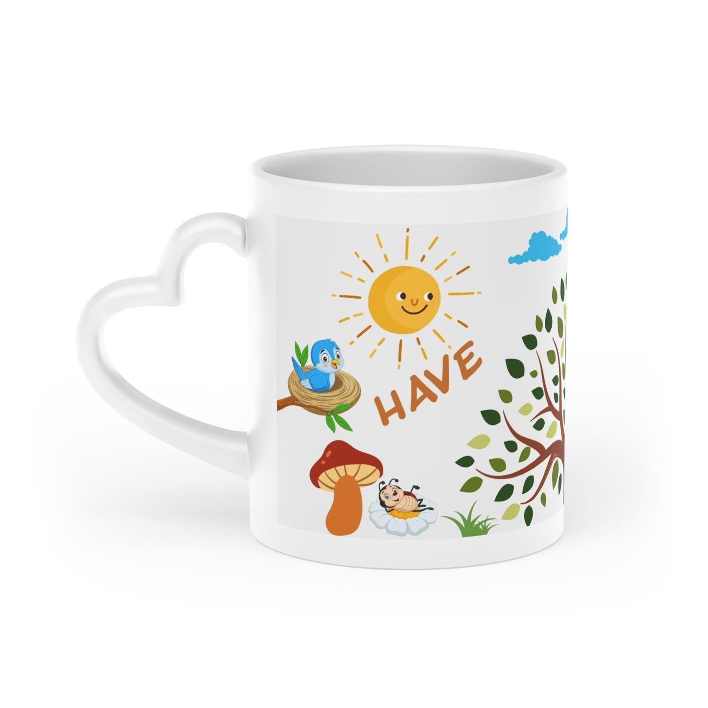 Heart-shaped mug for children, tree, birds and gopher design