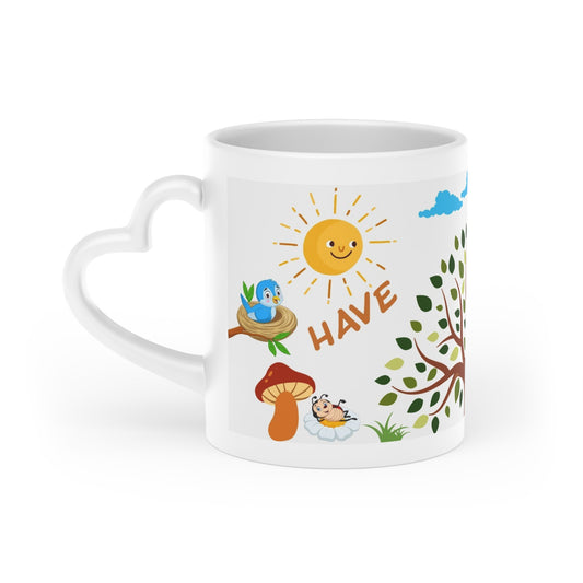 Heart-shaped mug for children, tree, birds and gopher design