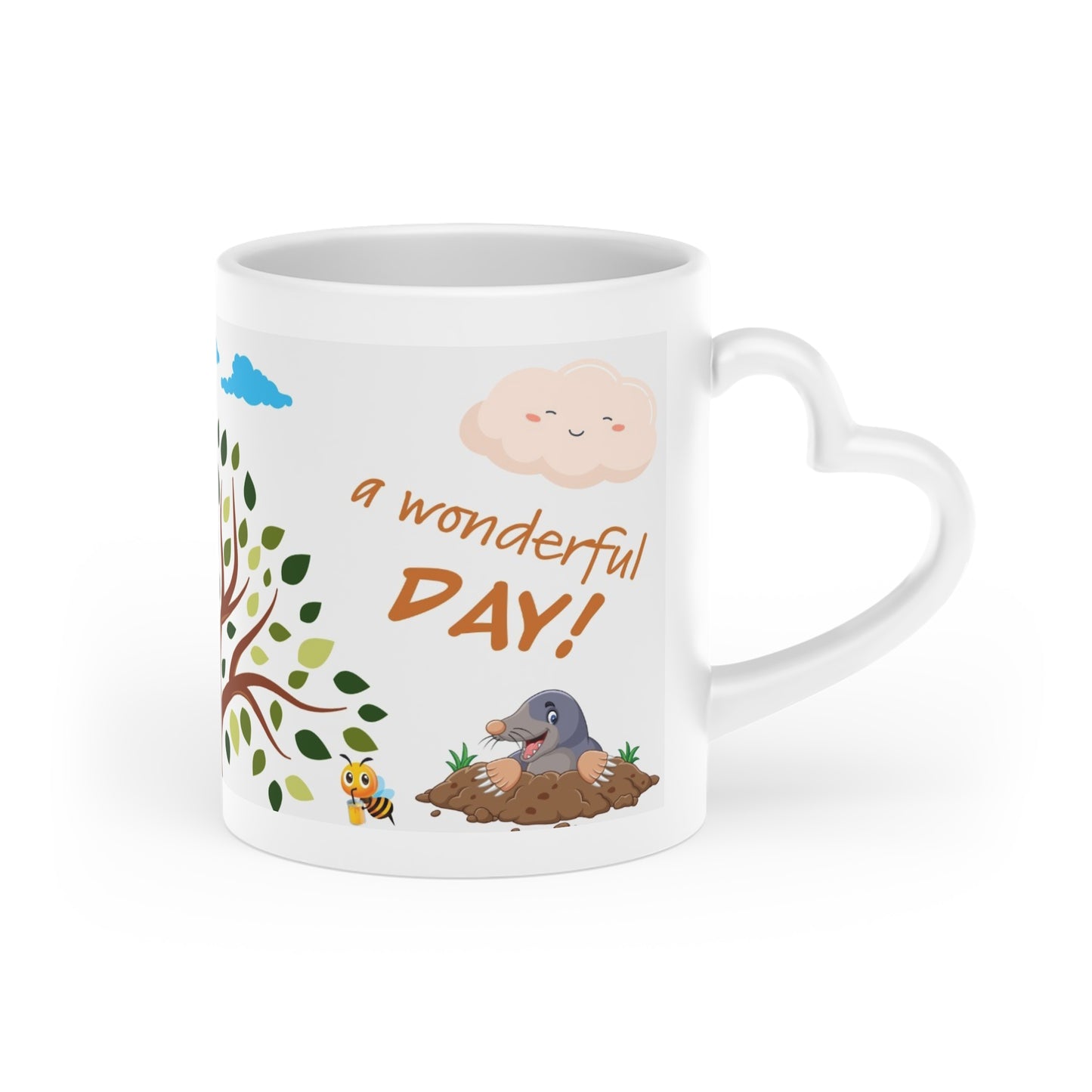 Heart-shaped mug for children, tree, birds and gopher design