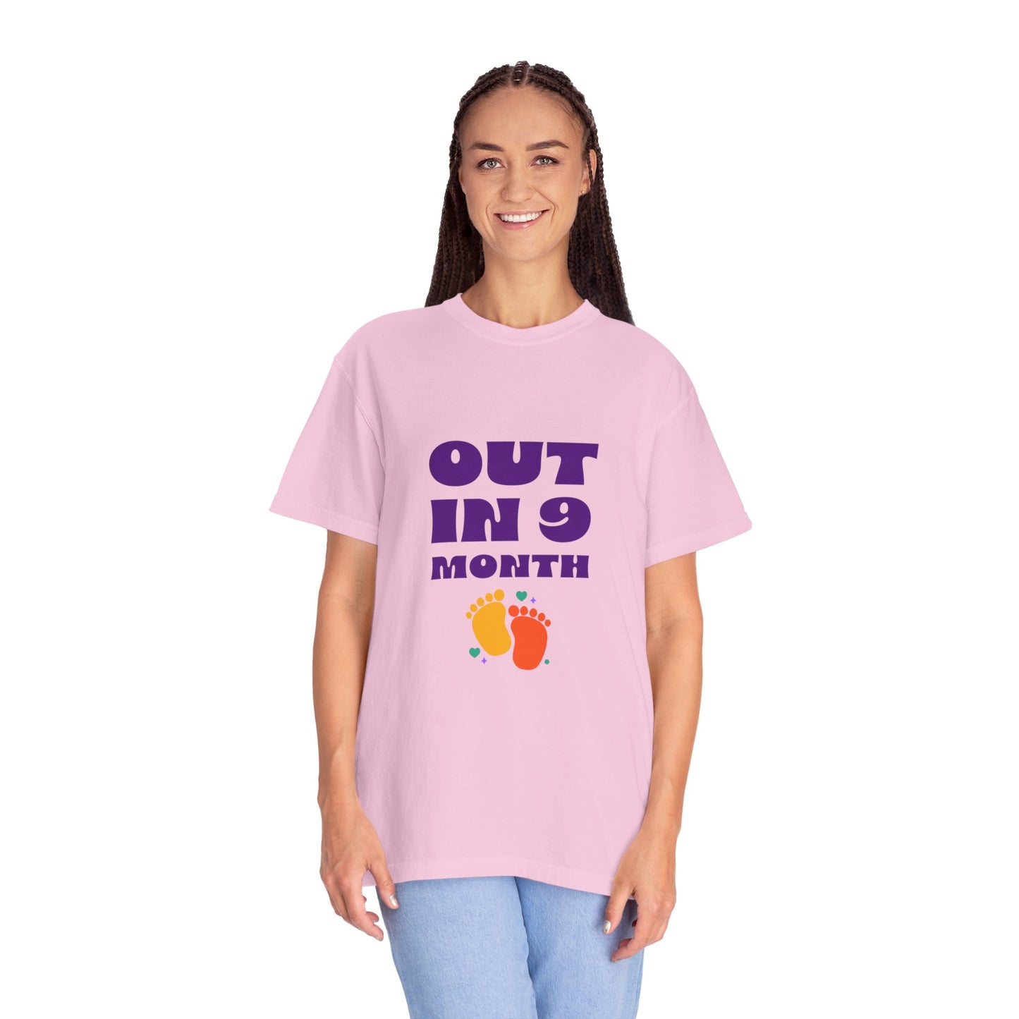 Out in 9 Month - T-shirt for Women- Cute 2 Little Feet Design