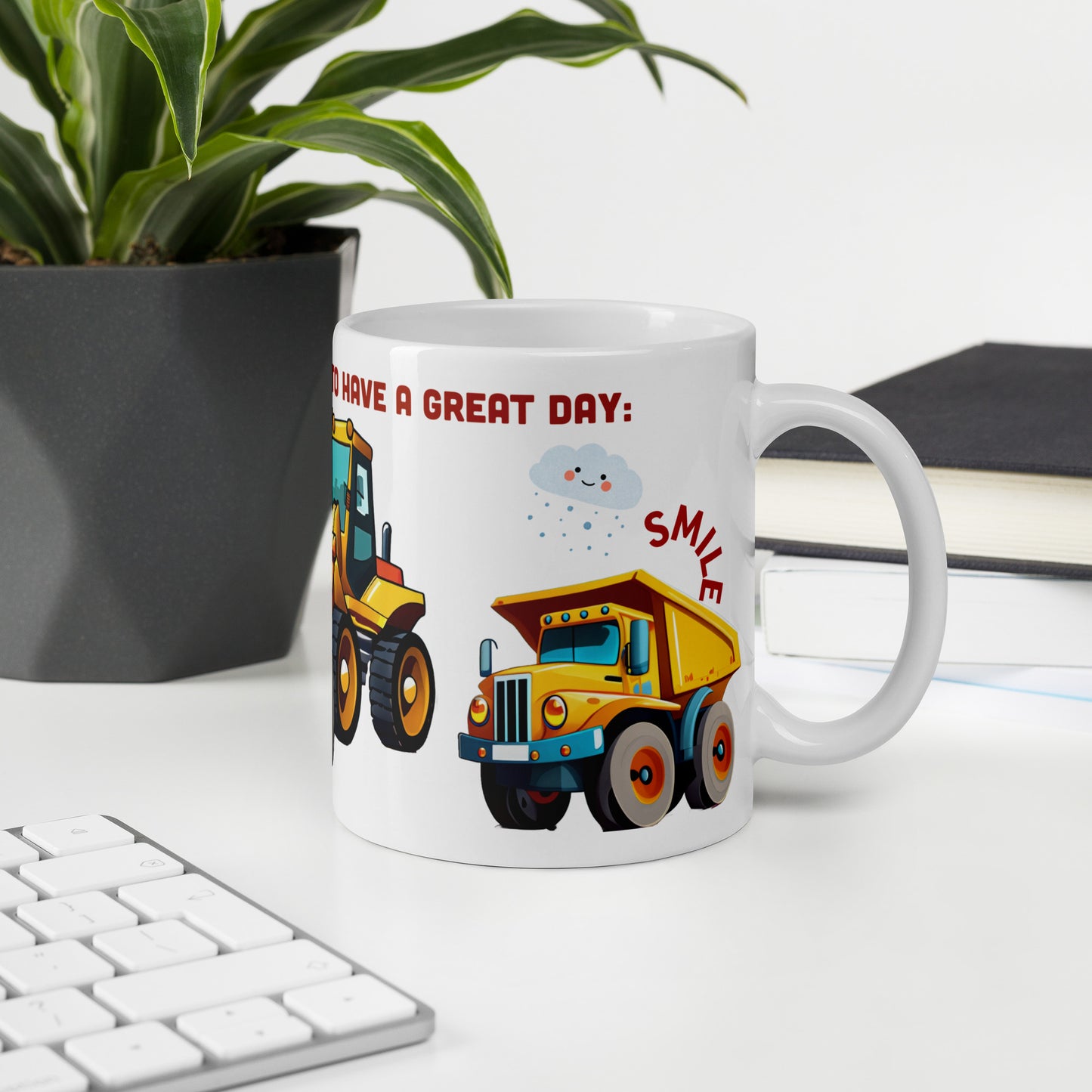 Truck Excavator Mug - Dump Truck Mug for Kids - Positive Message: Be Positive, Smile, Look to the Sky